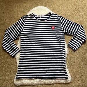 Comme des Garcons Co White/Dark Navy Striped Long Sleeve Scoop Neck Cotton Tee